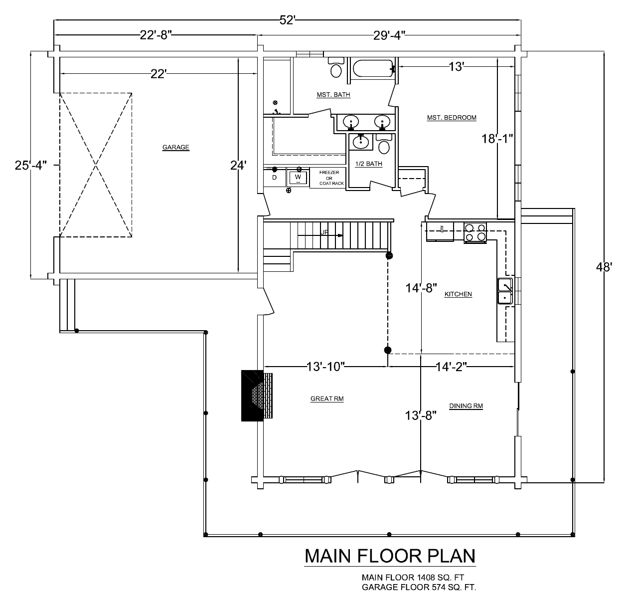 Wyoming main floor plan, 1408 sq ft main floor and 574 sq ft garage