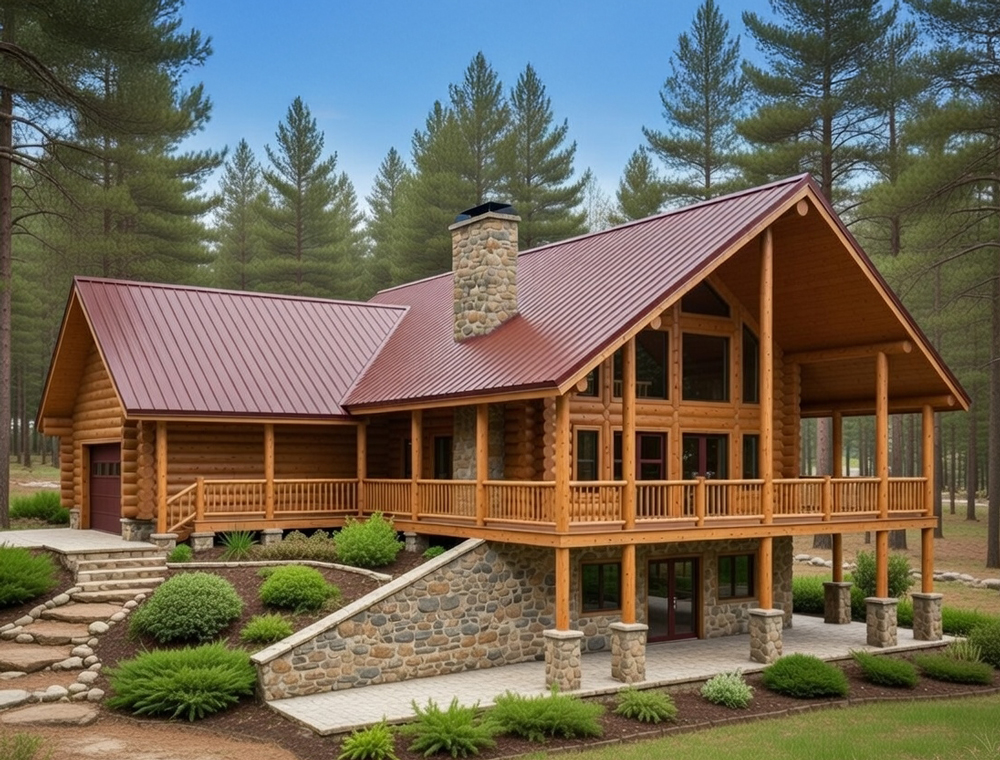 Wyoming Wyoming log home kit with stone basement, wraparound deck and attached garage